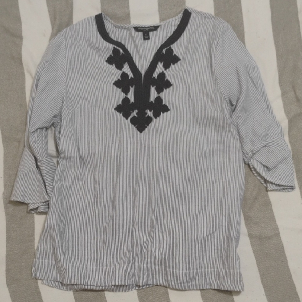 Sharagano Blue and White Striped Casual Embroidered Woven Detailed Blouse Top